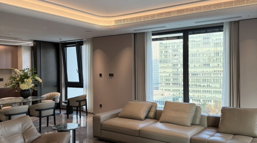 Corner floor-to-ceiling windows in living room, Poly Riverside Tianjun apartment
