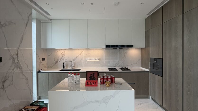 Dual kitchen with Gaggenau appliances and island, Qiantan apartment